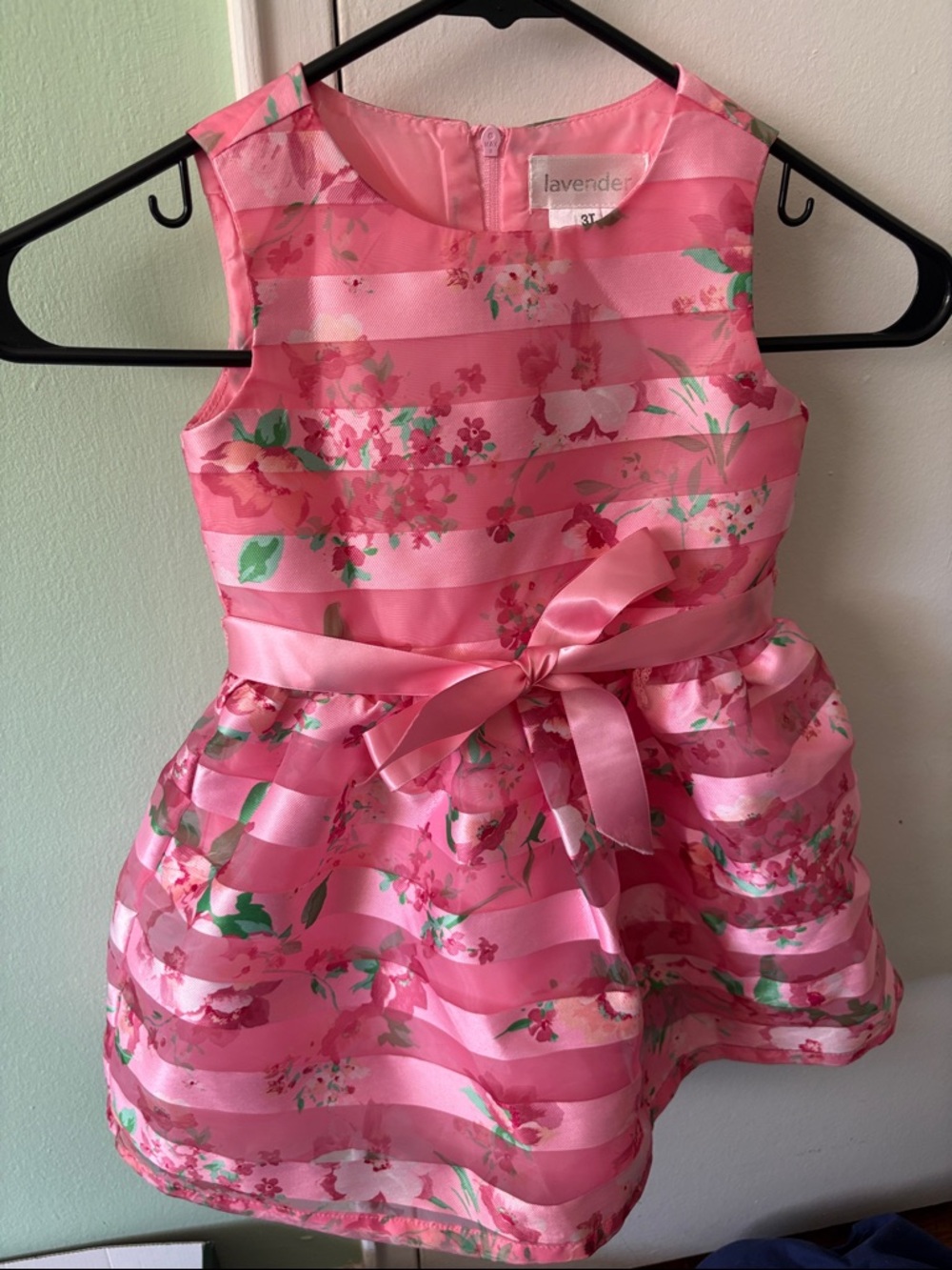 3T Pink Floral Satin Ribbon Dress